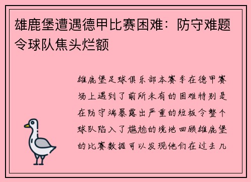 雄鹿堡遭遇德甲比赛困难：防守难题令球队焦头烂额
